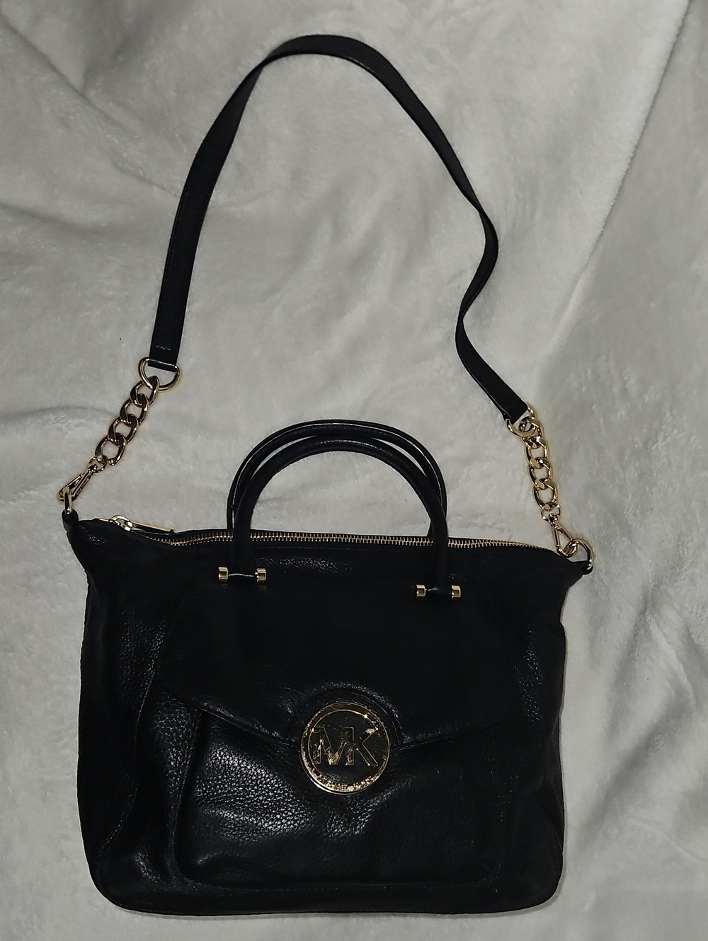 Michael Kors Black Leather Shoulder Bag with Gold Accents